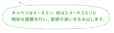 キャベツは4～8ミリ、肉は3.4～9.5ミリと微妙な調整を行い、食感の違いを生み出します。